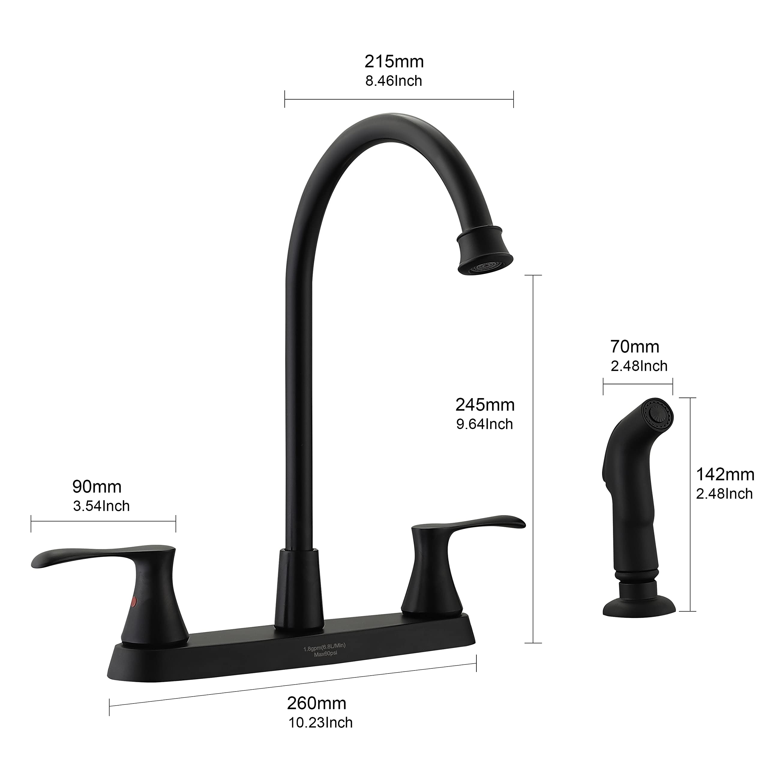 KirlystonE Matte Black Kitchen Faucet with Pull-Out Side Sprayer, High Arc Black 2-Handle Centerset Kitchen Sink Faucet with Supply Lines for 4-Hole Installation