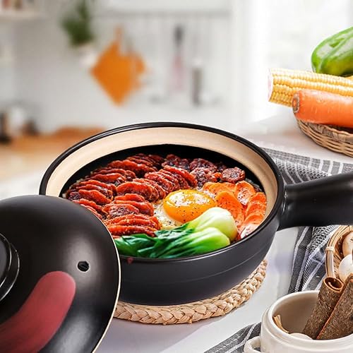 Miniatura 8 de HEMOTON Cazuela de terracota de una sola manija olla portátil para cocinar horno de arcilla cazuela de cerámica con tapa cazuela de cerámica tazón