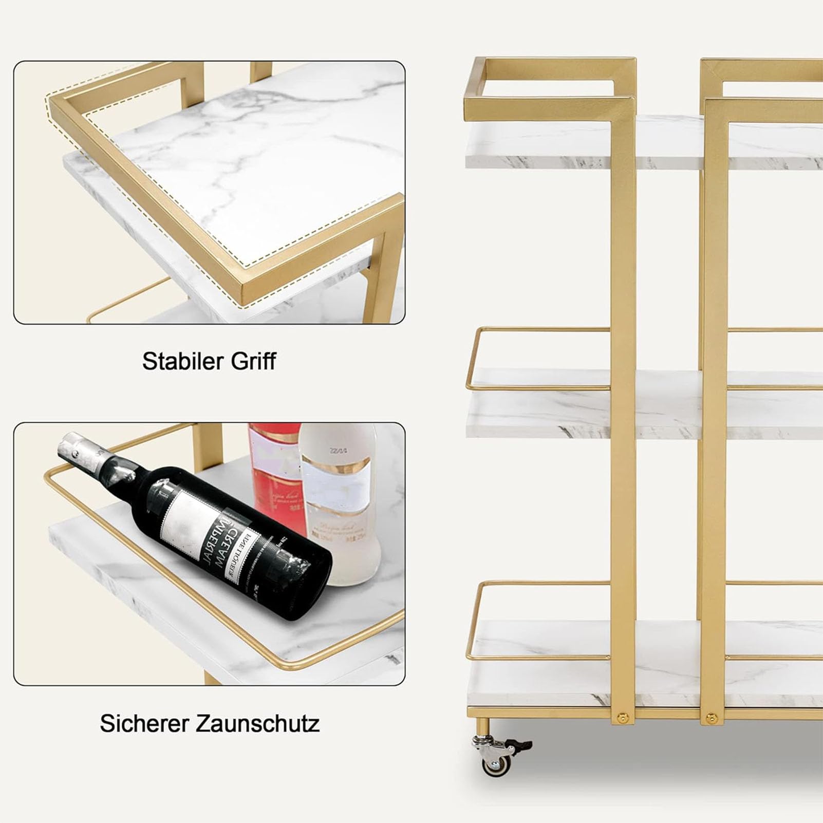 Chariot de Bar à 3 Niveaux, etagère pour Ongles et Cils d'institut de beauté, Chariot de Service Moderne avec roulettes, pour Cuisine, Salle de Bain,d'or,45 * 30 * 75cm