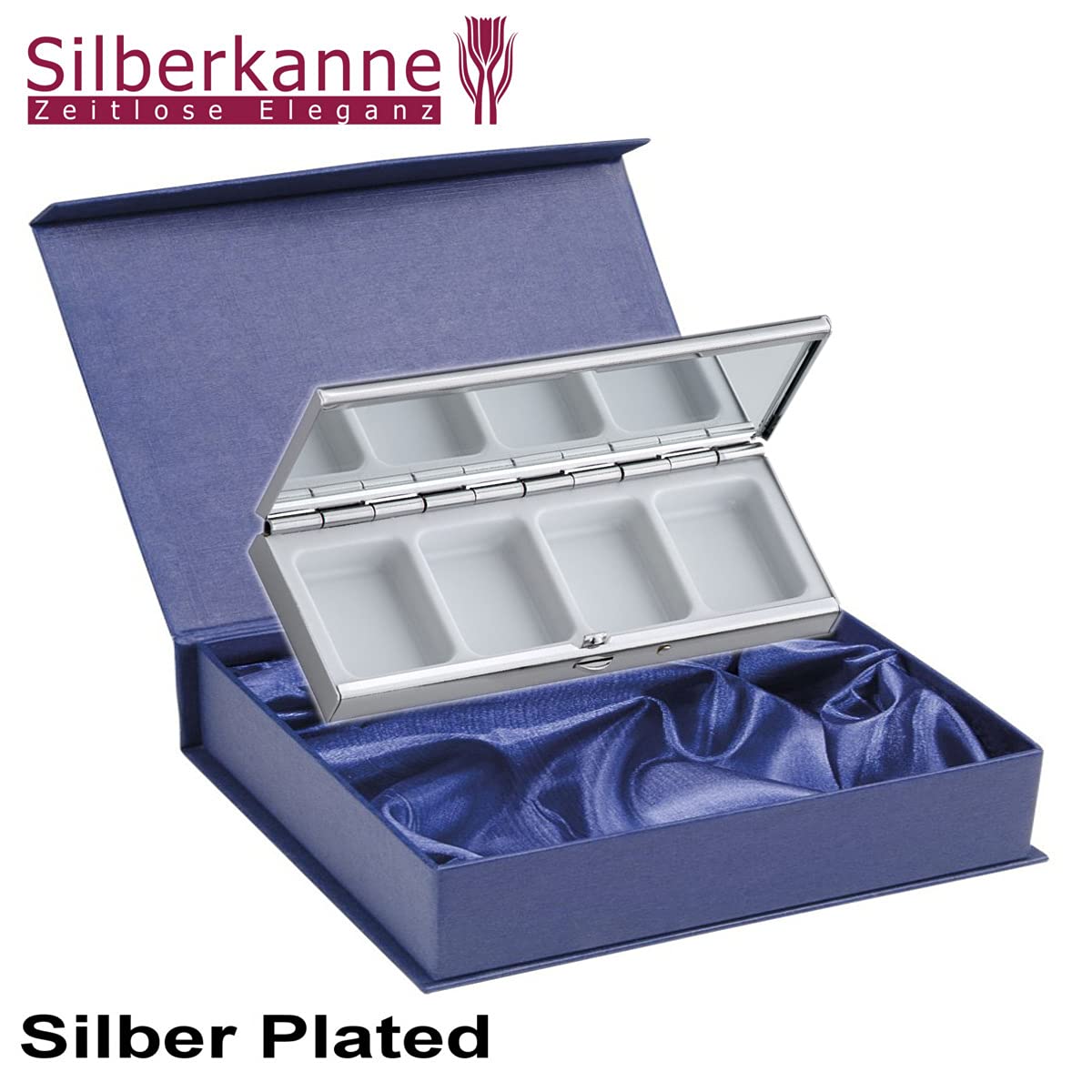 Silberkanne Hamburg - Pastillero (4 compartimentos, 3,5 x 10 cm, bañado en plata, con caja de regalo)