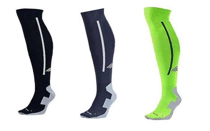 JUST RIDER Bamboo Football Socks, Stockings for Men & Women, Knee High Length Superior Grip for Shin Guard, Anti Slip Blister Protection Anti Odour(Black-Navy Blue-Green)