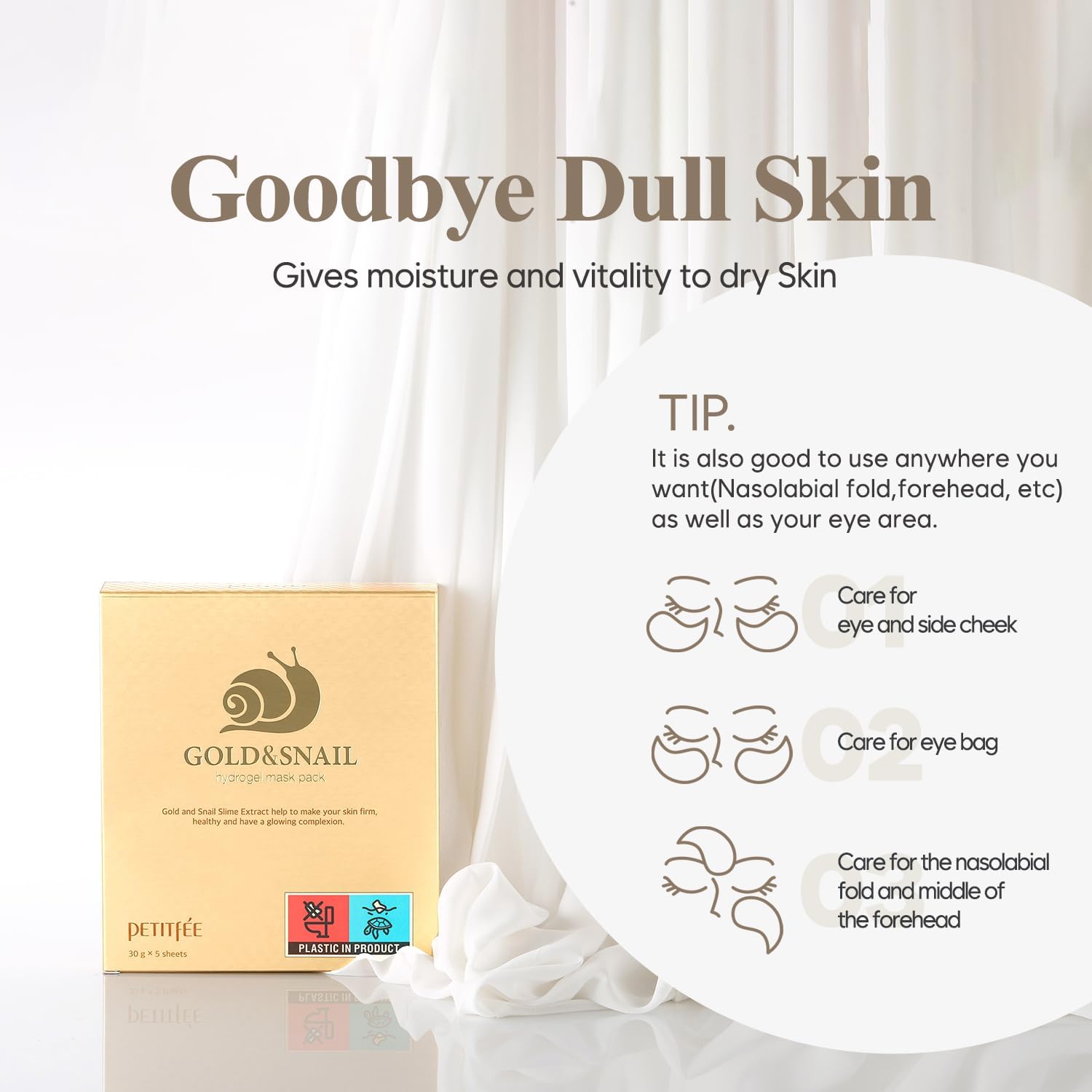 Petitfee Gold & Snail Hydogel Face Mask 5ea - 24k Gold Snail Facial Mask for Firming, Healthy Skin, Hydrating, Skin Elasticity, Snail Secretion Filtrate, Citrus Extract, Green Tea Extract
