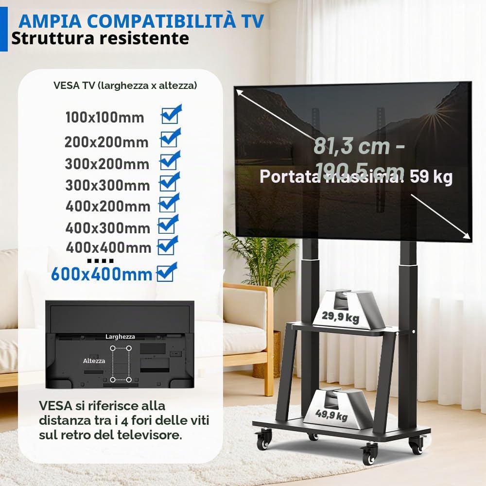 Porta tv da terra mobile Supporto per TV portatile su ruote da 32 a 75 pollici, supporto TV mobile con ripiano, regolabile in altezza, supporta fino a 130 lbs, Vesa 600×400