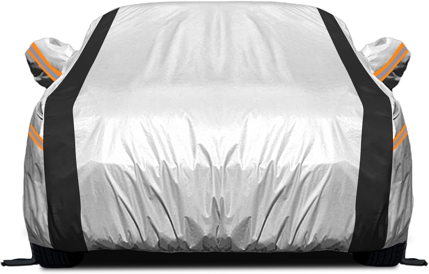 NEVERLAND Funda Coche SUV XL Impermeabile 2500PA - Cubierta Exterior 210D Oxford Plata Reflectante Solar Negro Antigranizo con Tiras Naranjas Alta Visibilidad para BMW X5 Mercedes GLE, Audi Q7|510cm