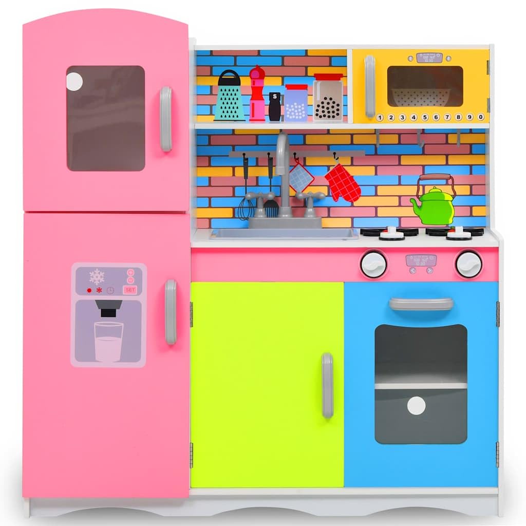 Kinderspielküche MDF mit Mikrowelle, Herd, Spüle und Kühlschrank 80 x 30 x 85 cm Mehrfarbig, pädagogisches Rollenspiel Zubehör für Kleinkind Mädchen Junge, Motorik Förderung