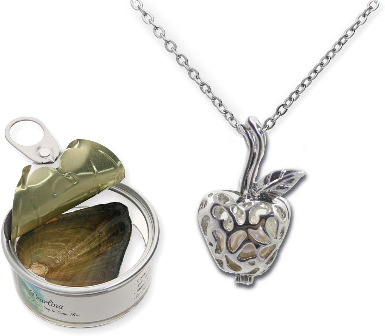 Pearlina Apple Necklaces for Women - Wish Pearl Necklace Womens Jewelry - Freshwater Cultured Pearl in oyster Locket Set - Pearls Necklace Gift for Teacher - Silver tone Pendant Stainless steel chain