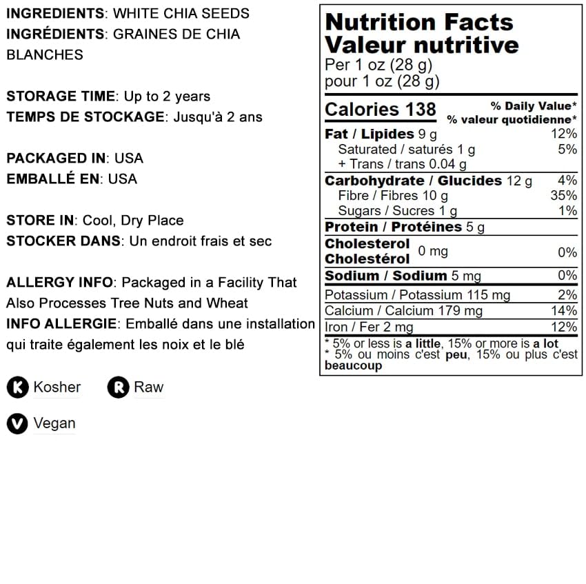 Miniatura 4 de Food to Live Semillas de chía blanca, 6 libras  enteras, crudas, kosher, keto, sirtfood, veganas, a granel. Ricas en Omega 3, Omega 6, fibra,
