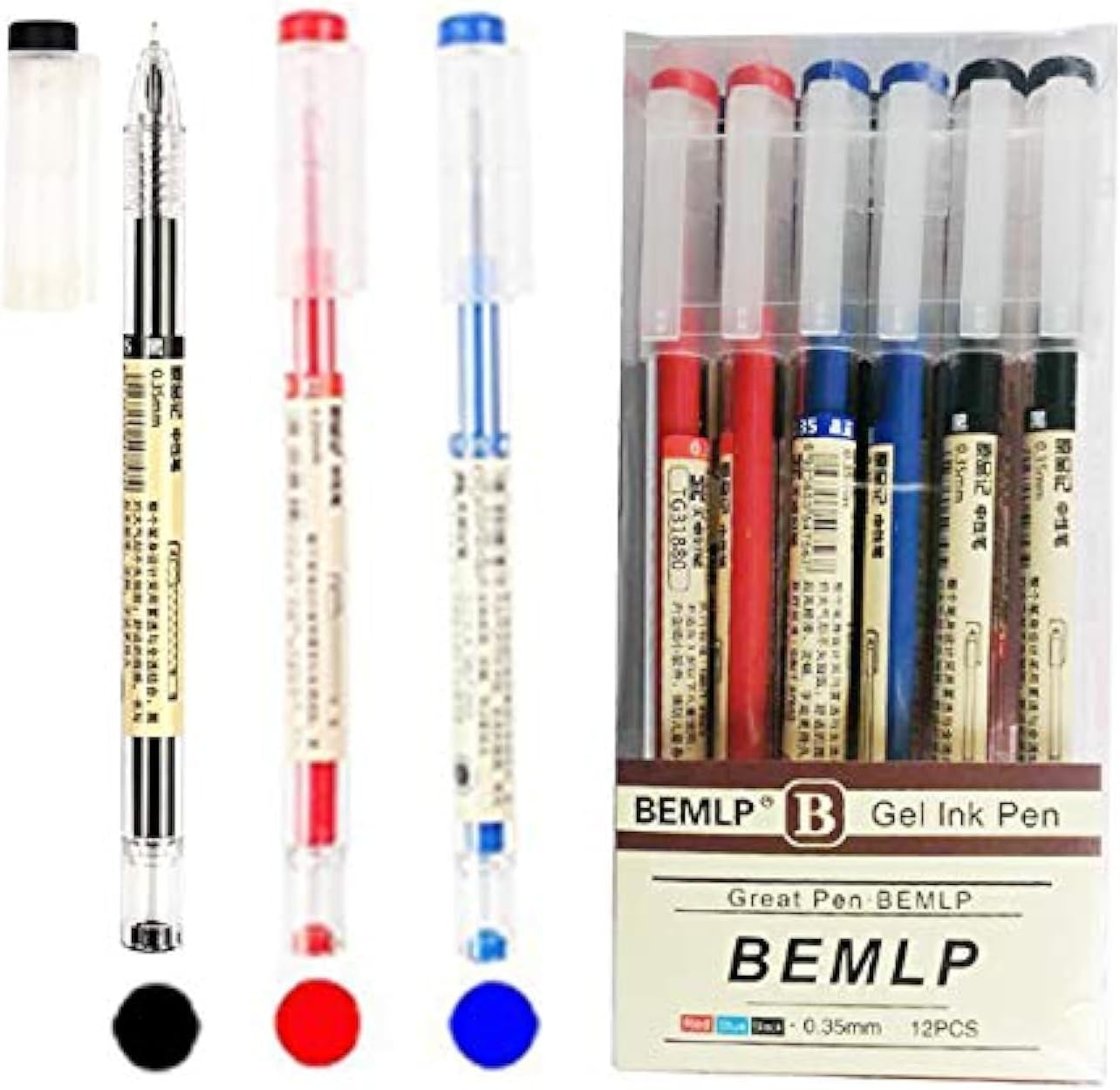 BEMLP Gel Ink Pen Extra fine point pens Ballpoint pen Liquid Ink Rollerball Pens 0.35mm Premium Quick Drying Pen For japanese Office School Stationery Supply 12 Packs (4 pc Black,4 pc Blue, 4 pc Red)