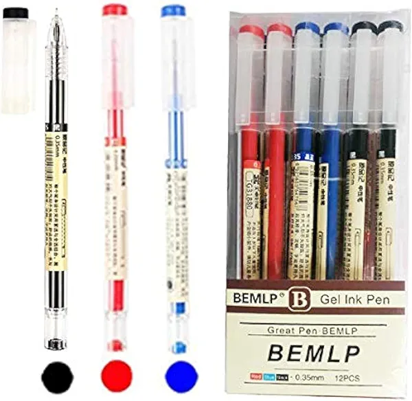 Gel Ink Pen Extra fine point pens Ballpoint pen Liquid Ink Rollerball Pens 0.35mm Premium Quick Drying Pen for Japanese Office School Stationery Supply 12 Packs (4 Black 4 Blue 4 Red)