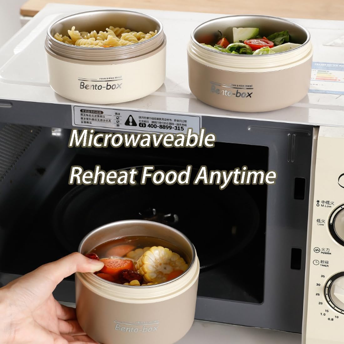 Portable Insulated Lunch Container Set, Separate Stackable Lunch Container, Microwavable Stainless Steel Lunch Box for Hot Food with Insulated Lunch Bag Unisex (3pcs, White)