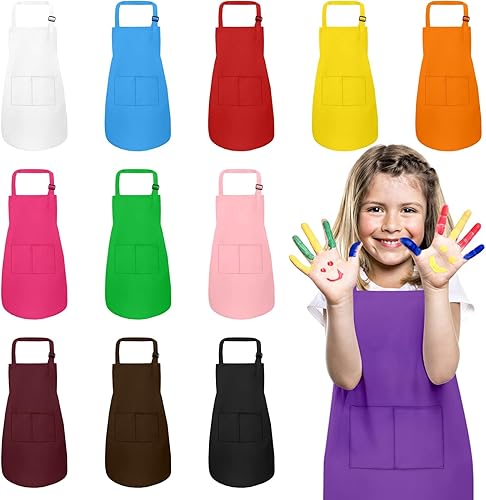 Paquete de 12 delantales para niños a granel con 2 bolsillos delantal de chef de arte ajustable delantales de pintura para niños para cocinar,