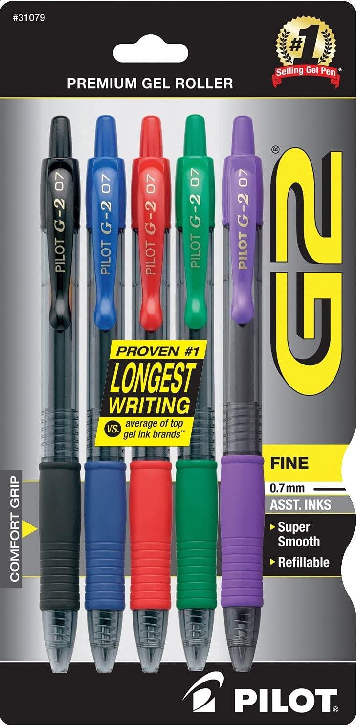G2 Premium 31079 Lot de 5 stylos à bille à encre gel rechargeable et rétractable Pointe fine Noir/bleu/rouge/vert/violet