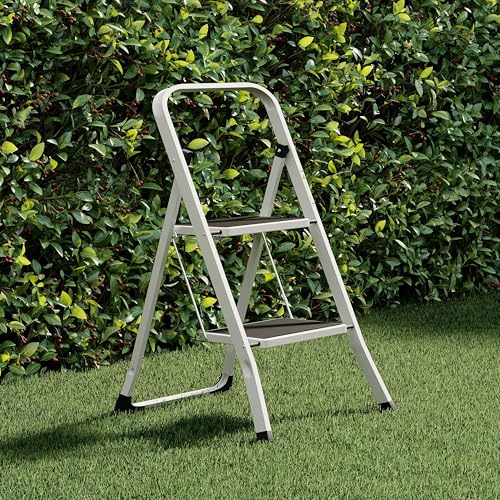 Home Vida 2 Step Ladder - Heavy Duty Steel Folding Ladder with Slip-Resistant and Wide Steps, Folding Mechanism, 150kg Max Load, Home/Kitchen/DIY/Garden Use, White - Image 8