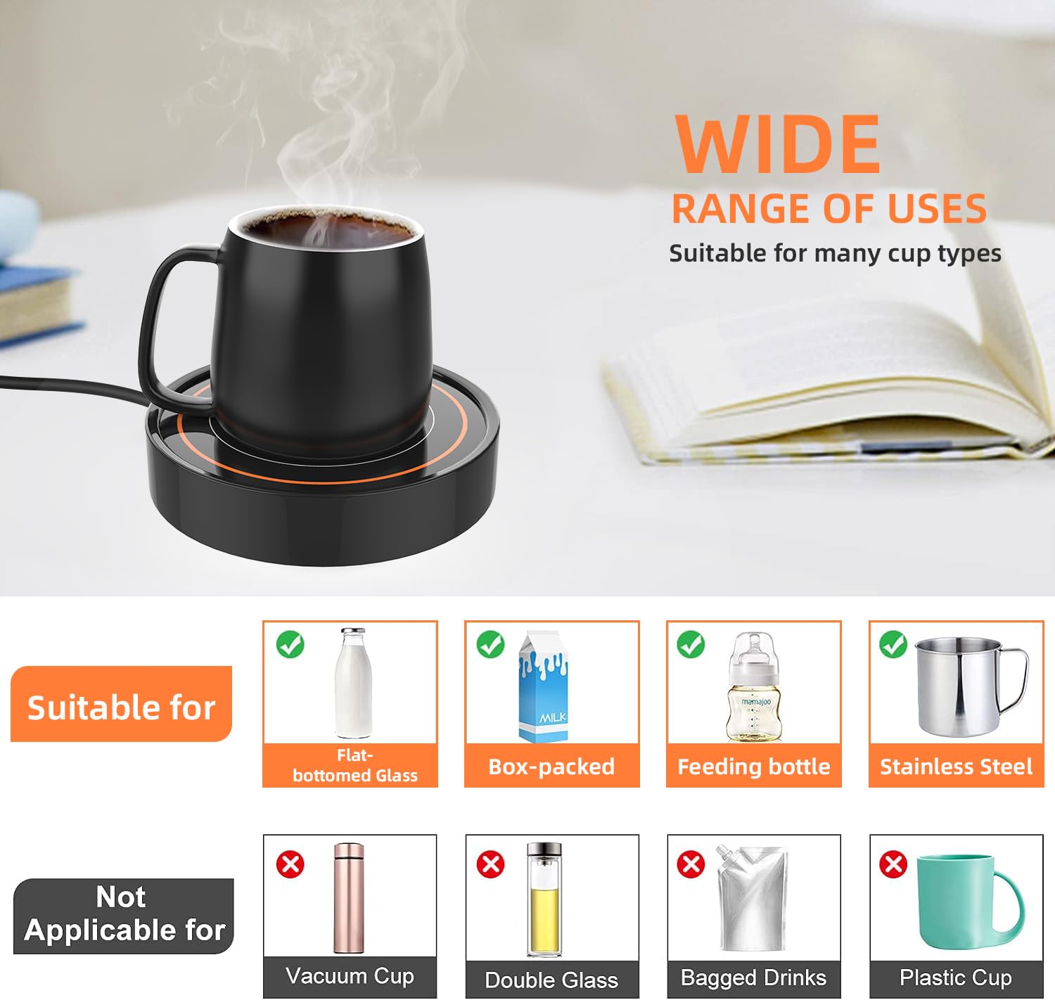 Calentador de tazas de café para escritorio, placa calefactora, calentadores eléctricos para hombres, mujeres y adultos (D + luz naranja)