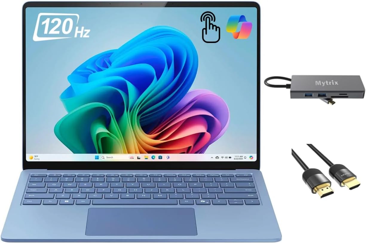 MicrosoftSurface Laptop 7 Copilot+ PC, 13.8" HDR Touchscreen, 12-Core Qualcomm Snapdragon X Elite, Qualcomm Adreno GPU, 16GB RAM, 1TB SSD, WiFi 7, Backlit, 11-in-1 Hub, HDMI Cable, Win 11, Sapphire