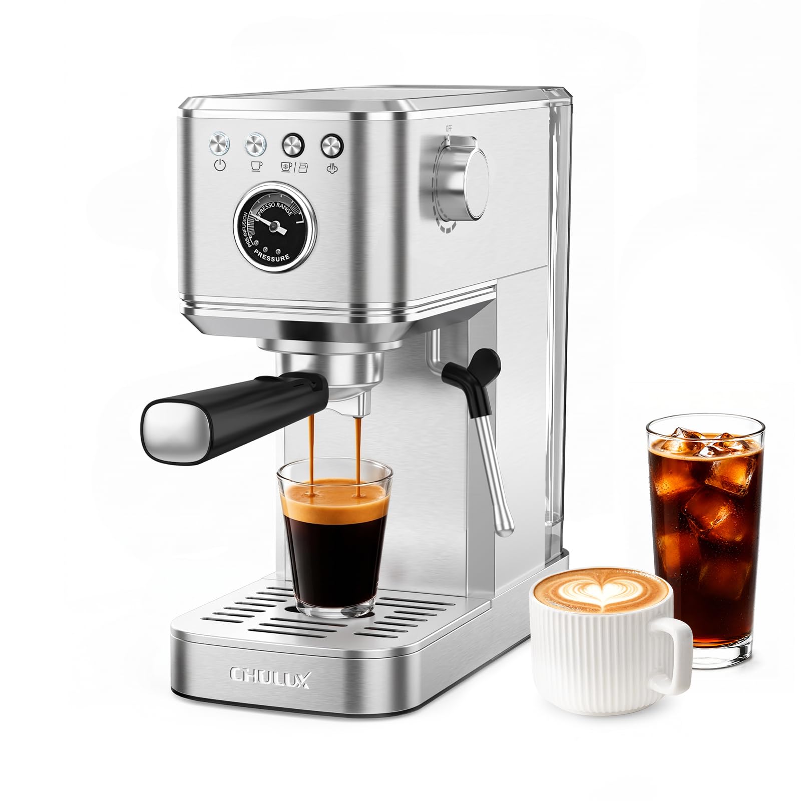 CHULUX Elite Espresso Machine for Latte, Americano and Iced Coffee, Silver