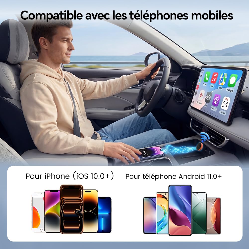 Carlinkit Mini adaptateur CarPlay sans fil Ultra 3 Adaptateur Android Auto sans fil Convertit le câble OEM en USB-A/C sans fil Plug & Play, Connexion automatique, Mise à niveau OTA, Orange