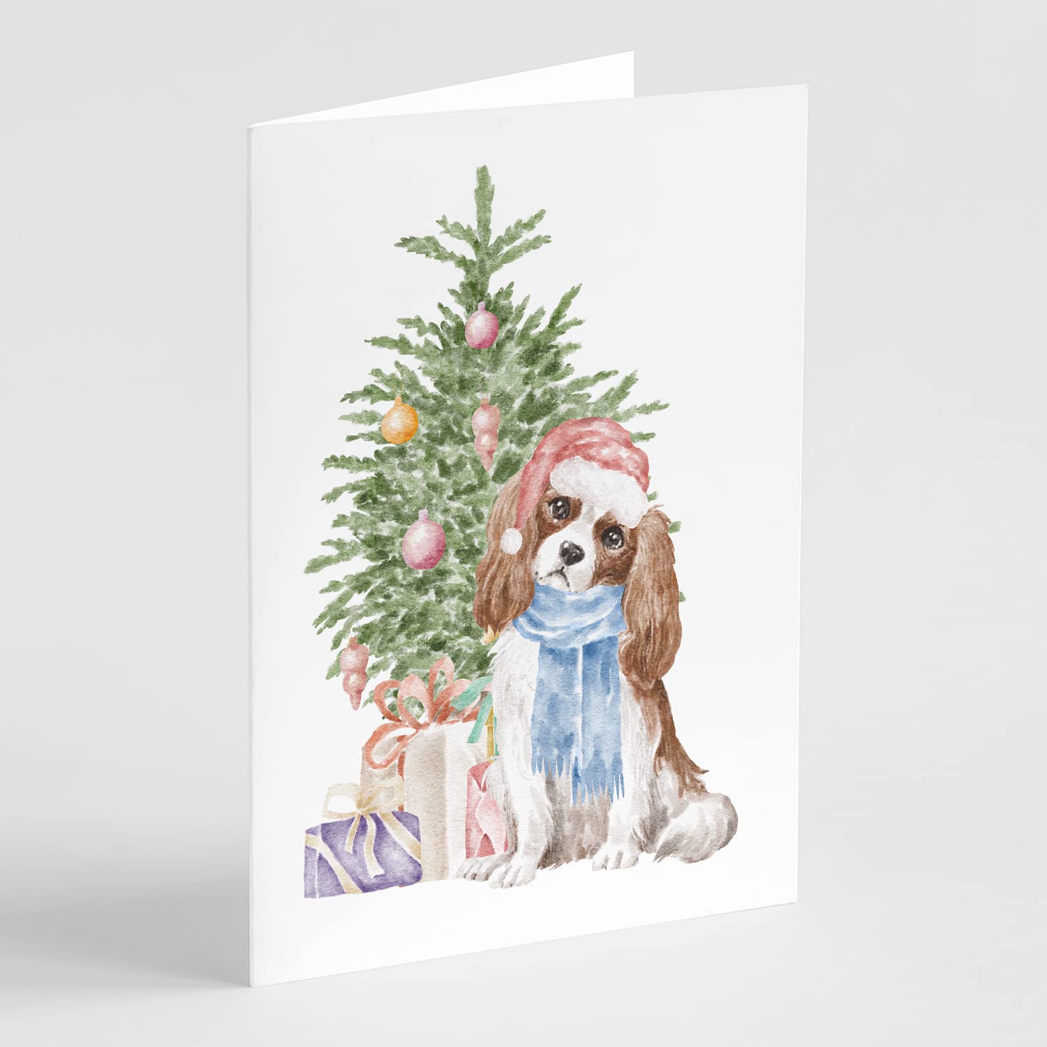 Caroline's Treasures CK8210GCA7P Cavalier Spaniel Tricolor Blenheim Christmas Presents and Tree Greeting Cards and Envelopes Pack of 8 Blank Cards