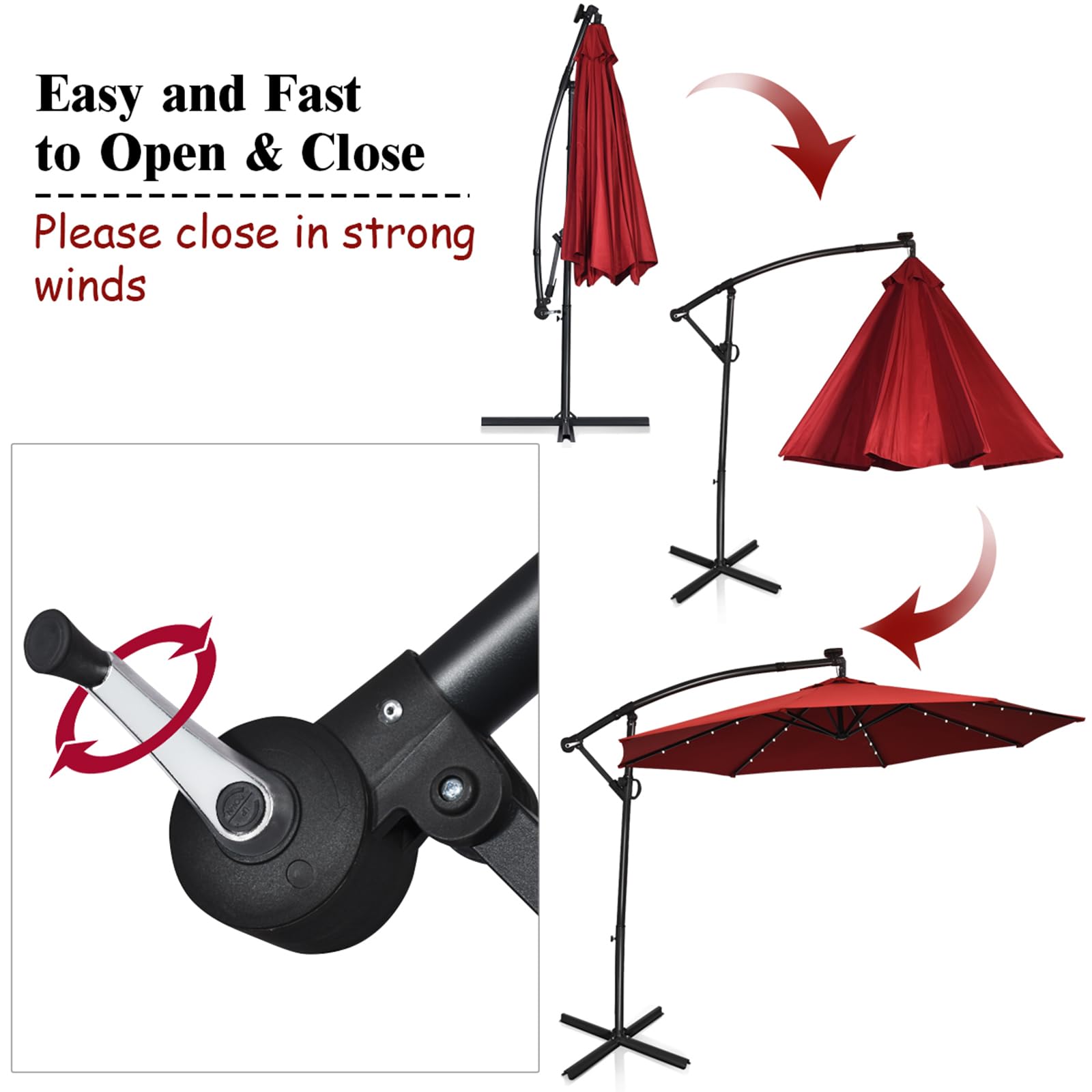 KOMFOTTEU Parasol przeciwsłoneczny LED, parasol ogrodowy z korbą ręczną, parasol tarasowy ze stojakiem, obracany o 360°, składany, pochylony, 300 cm x 230 cm, do ogrodu, na taras, basen, czerwony