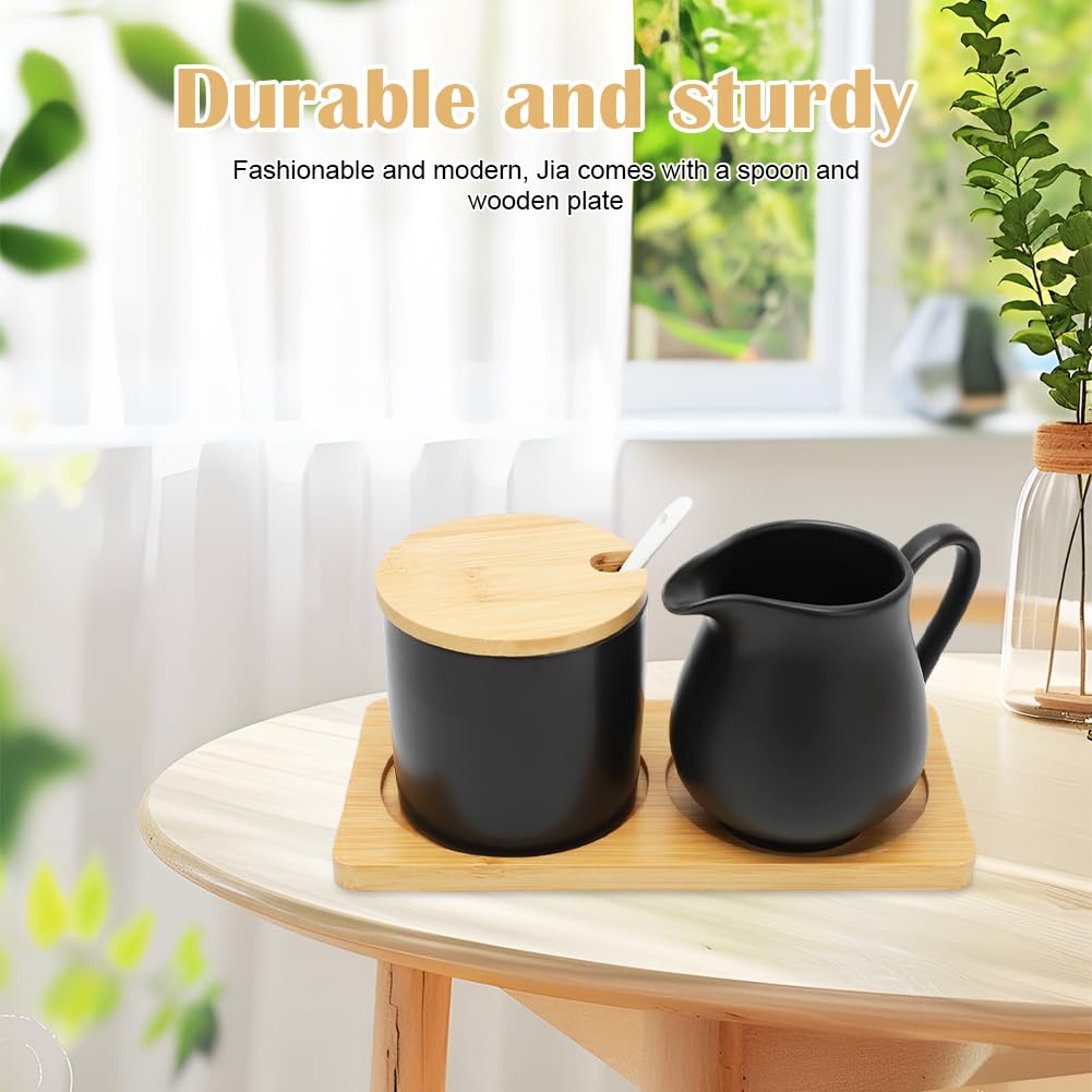 Set latte e zucchero con coperchio e cucchiaio, brocca per latte in ceramica con vassoio in legno, brocca per latte in ceramica nera e zuccheriera con vassoio in legno, adatto al microonde e