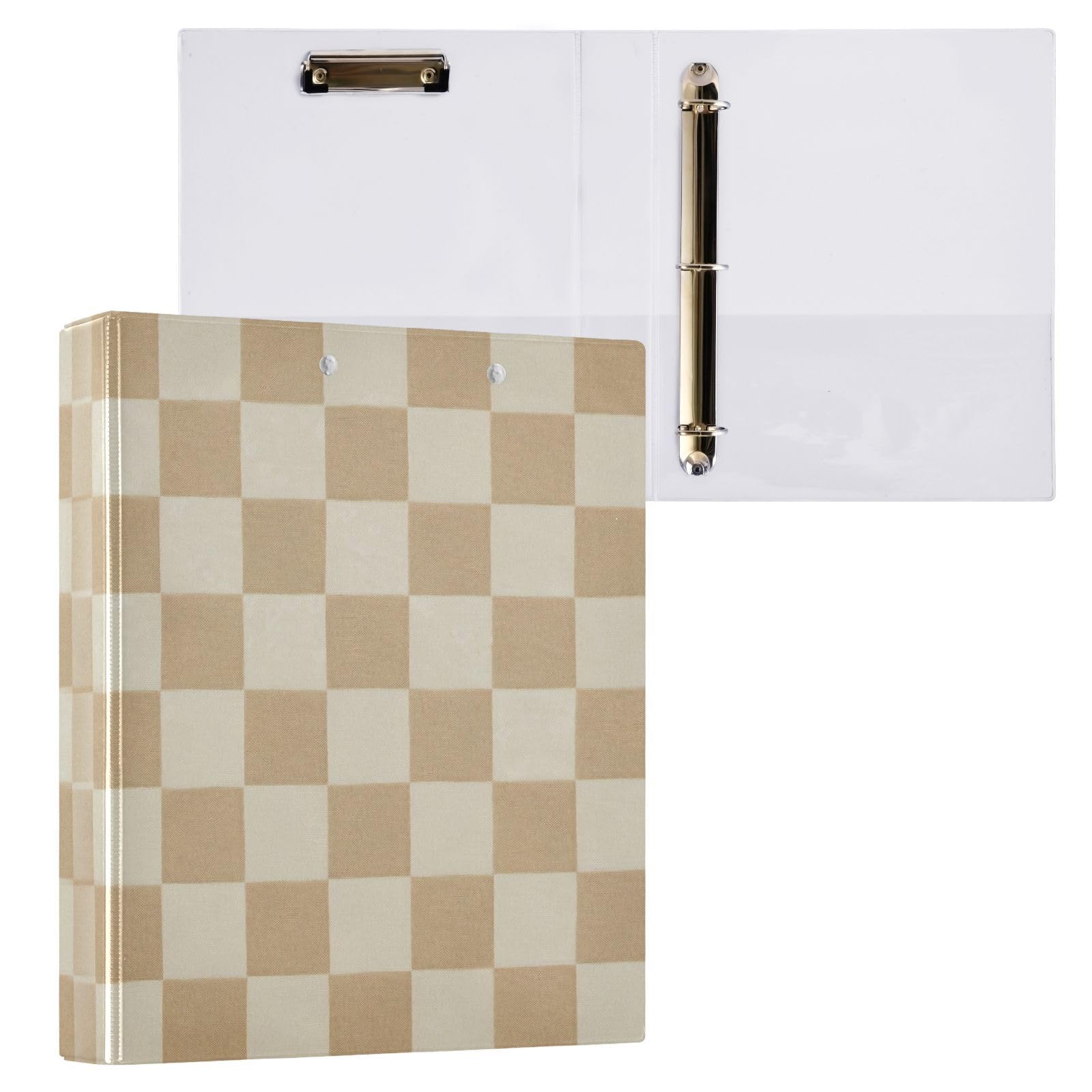 Classeur à 3 anneaux avec motif à carreaux beige – Classeur robuste à trois anneaux de 3,8 cm avec 2 poches, anneaux ronds pour fournitures de bureau (taille lettre)