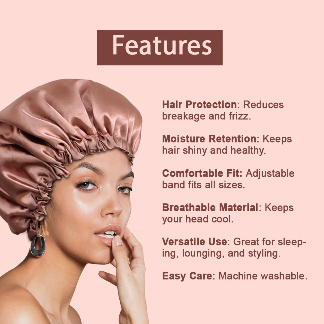 Slymet | Extra Large Double-Layer Satin Hair Bonnet for Sleeping, Frizz-Free Silk Night Cap for Curly and Long Hair, Elastic Satin Sleep Cap for Men and Women (IN, Alpha, Free Size, Buiscuit color) 1