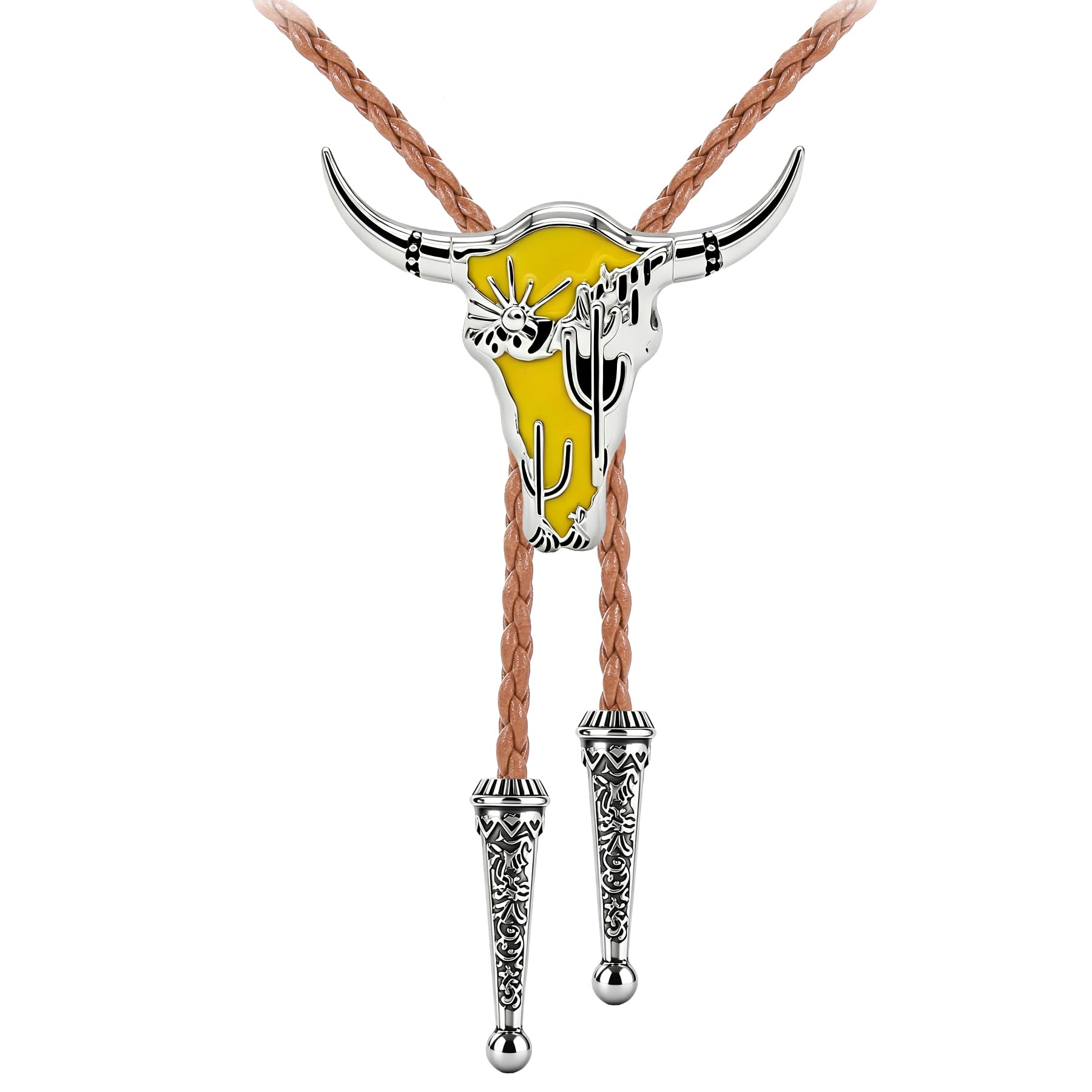 GelConnie Longhorn Bull Bolo Tie for Men Native American Western Cowboy Leather Necktie Bolo Necklace for Women Gold Texas
