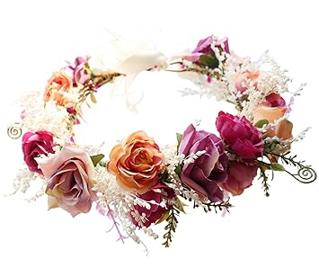 LLinfflr Floral Garland Crown Rose Floral Headband Hair Wreath Flower Halo Headpiece with Ribbon Wedding Party Photos Rosy