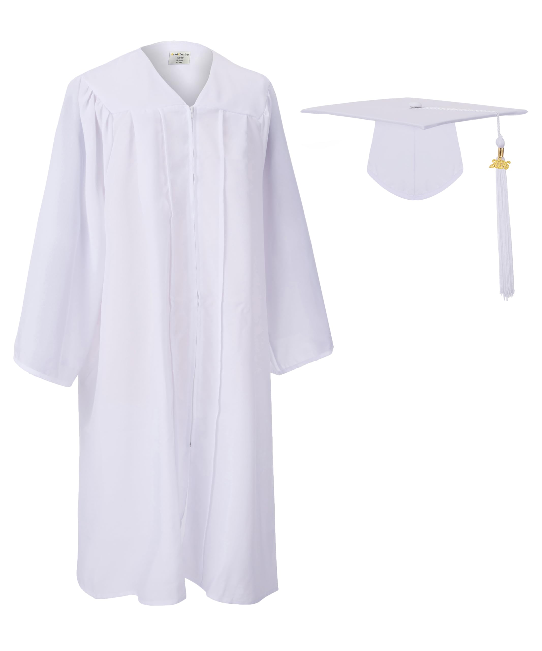 GradClassical Unisex Matte Graduation Gown Cap Tassel Set 2026 for High School, College, University and Bachelor (White 51" Plus(5'6"-5'8"))