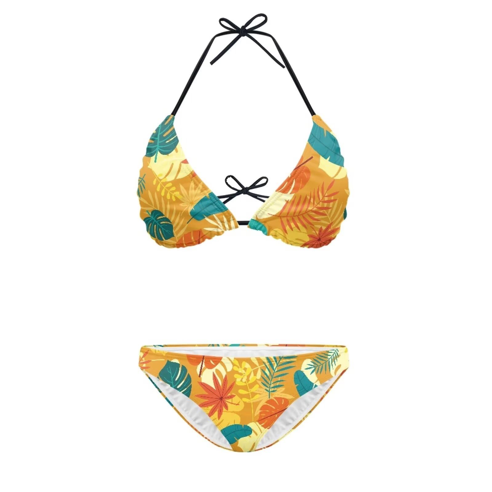 Suhoaziia Tropical Leaves Women Two Piece Swimsuit Sexy Triangle Swimwear Cheeky High Cut Thong Bikini Sets Back Self Tie Spaghetti Straps