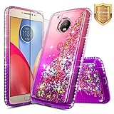 Moto E4 Case with [Tempered Glass Screen Protector], NageBee Glitter Quicksand Liquid Floating Flowing Sparkle Shiny Bling Diamond Luxury Cute Case For Motorola Moto E (4th Generation) -Pink/Purple