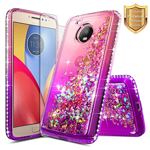Moto E4 Case w/[Tempered Glass Screen Protector], NageBee Glitter Liquid Quicksand Waterfall Floating Flowing Sparkle Shiny Bling Diamond Girls Cute Case for Motorola Moto E 4th Gen -Pink/Purple