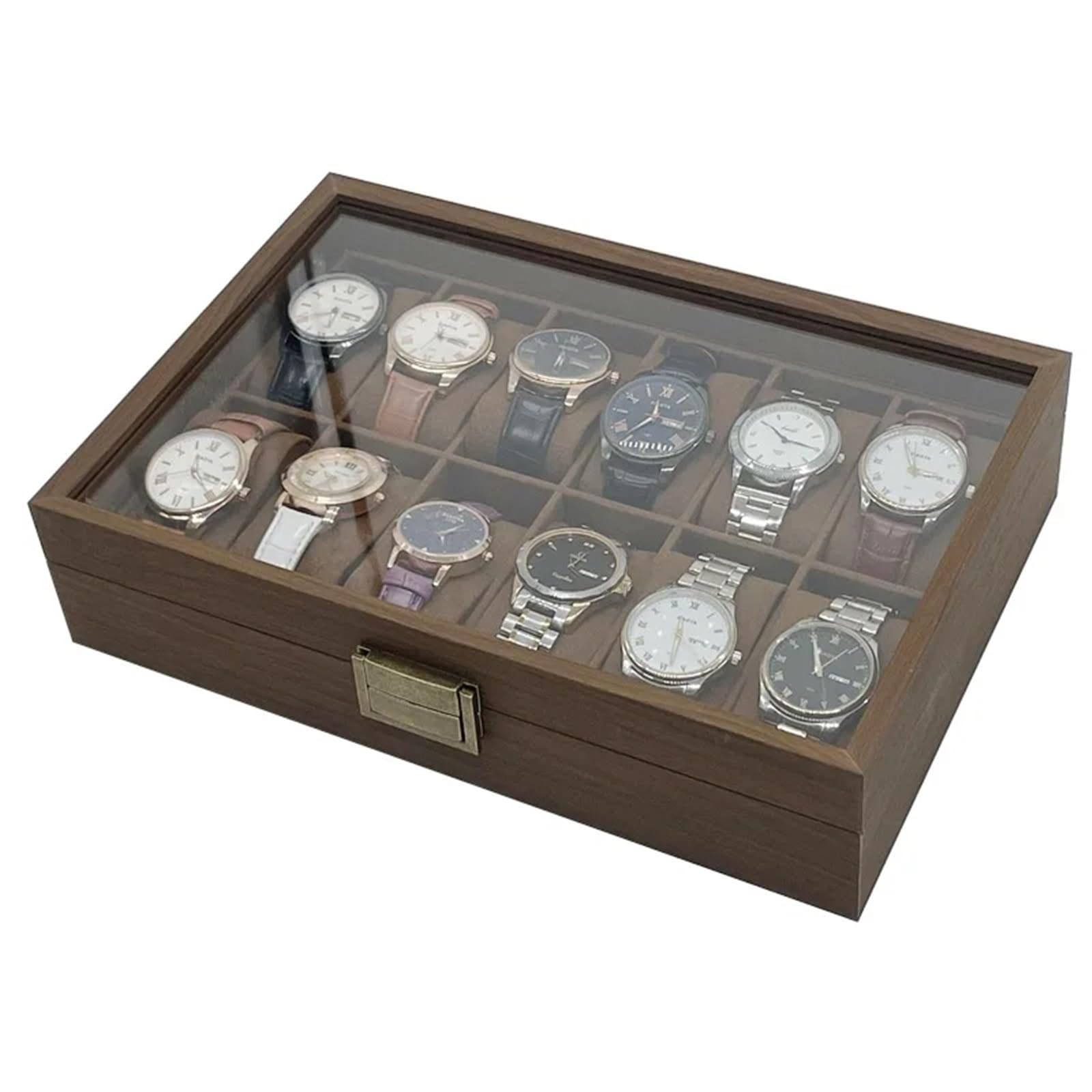Portaorologi in Legno Massello Scatola for orologi in legno a 12 scomparti con coperchio in vetro