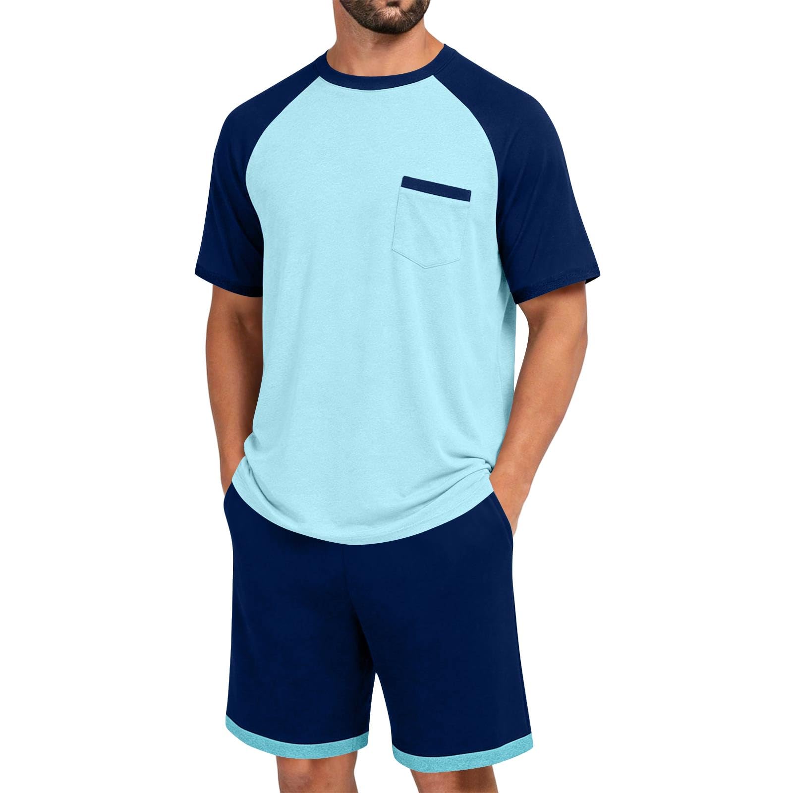 Generico Pigiama Uomo Estivo Corto Colori a Blocchi con Tasche Abbigliamento Uomo Estivo Magliette Manica Corta Scollo Rotondo E Pantaloncini Pigiama Due Pezzi Traspirante Morbido Unico
