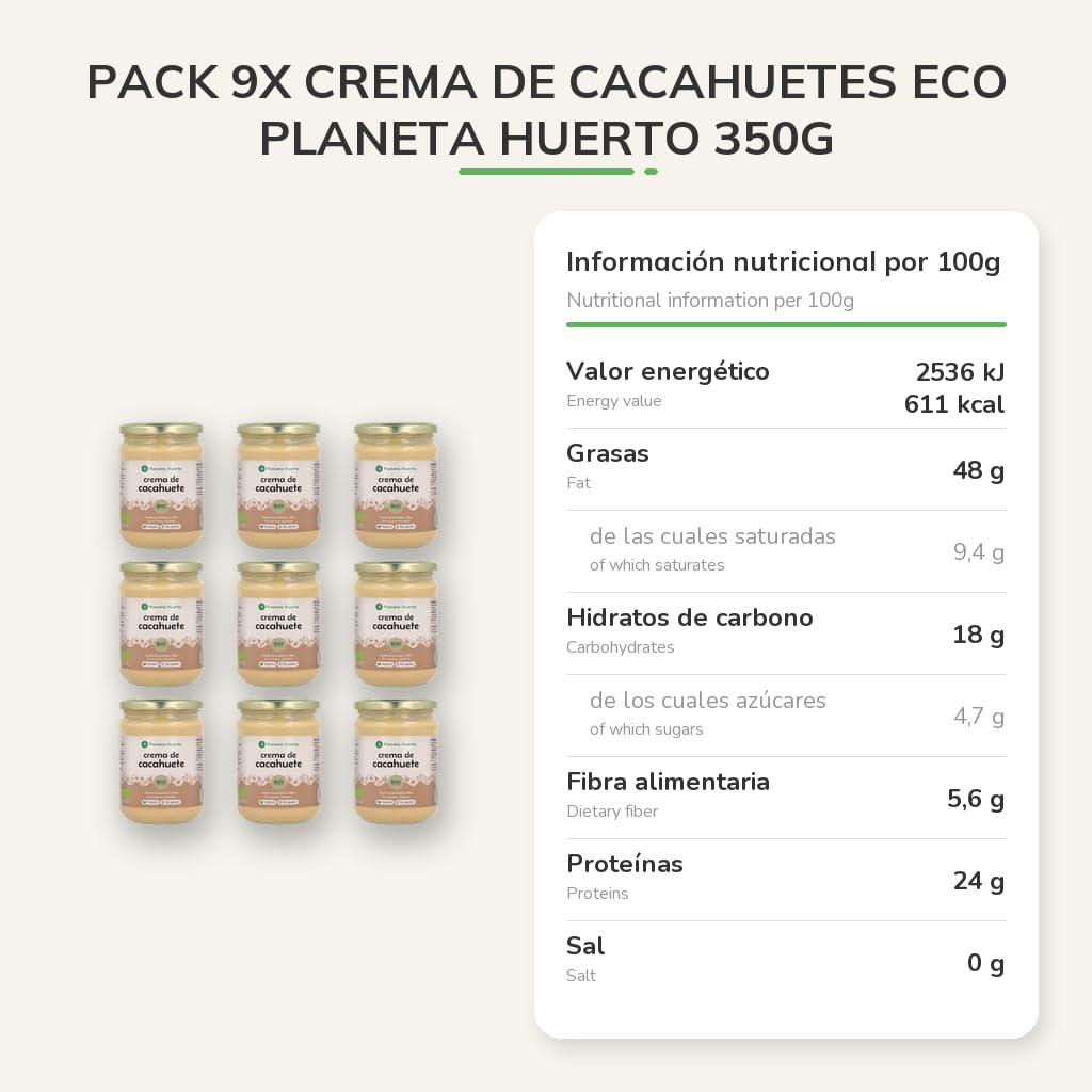 PLANETA HUERTO | Pack 9x Crema de Cacahuetes ECO 350g