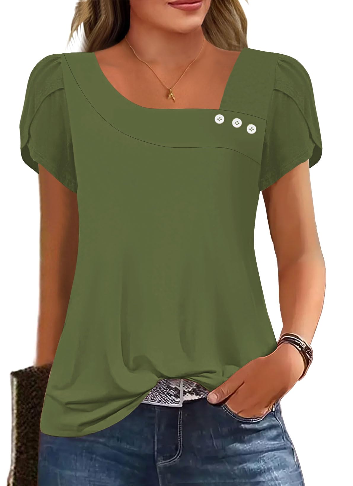 Womens Petal Sleeve Tops Summer Trendy T Shirt Casual Loose Square Neck Button Blouse Tees