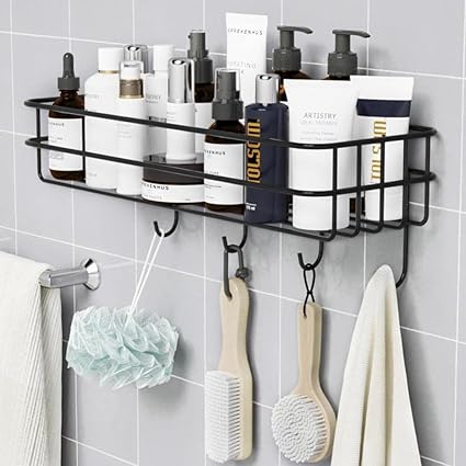 SaleOn Black Wall Shelf for Bathroom with 4 Hooks, Self Adhesive Wall Storage Organizer, Wall Mount Bathroom Shelf Rust Free, Metal Rack for Kitchen & Bathroom, Wall Mounted Racks for Storage