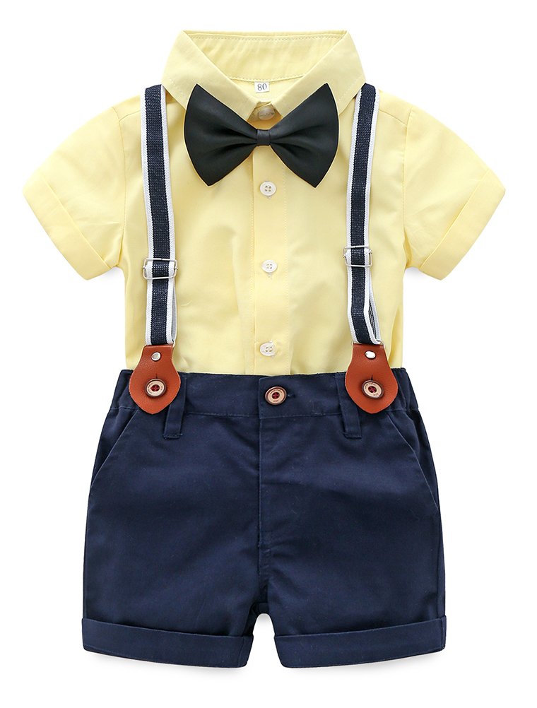 Abolai Baby Boy Summer Cotton Gentleman Short Sleeve Bowtie Romper Suspenders Shorts Outfit Set Style2 Yellow 80