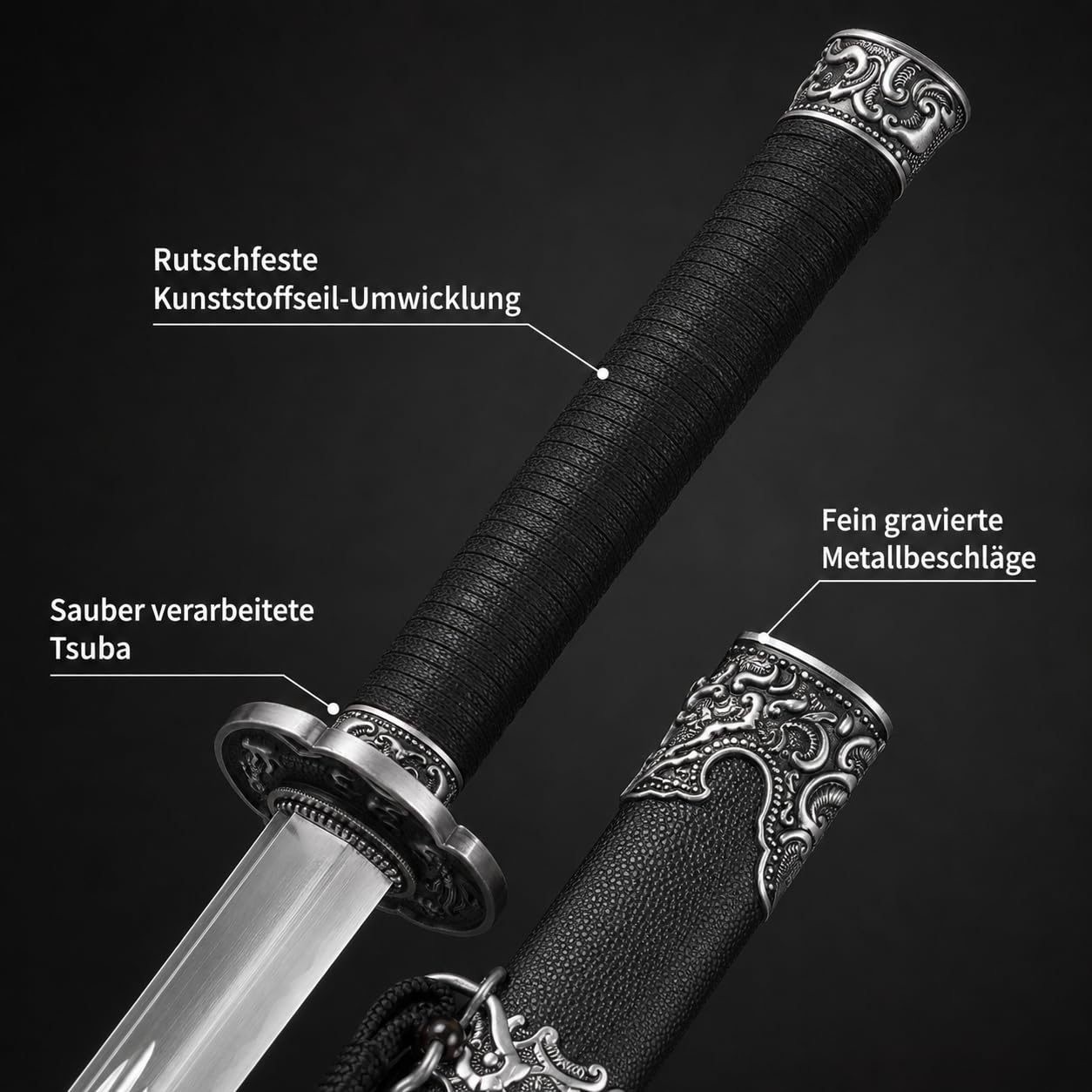 Katana Samuraischwert 104cm Nicht geschärft – Deko Schwert aus Edelstahl mit schwarzer Holzscheide, Japanisches Dekoschwert für Sammler, Cosplay, Anime Deko & Geschenk