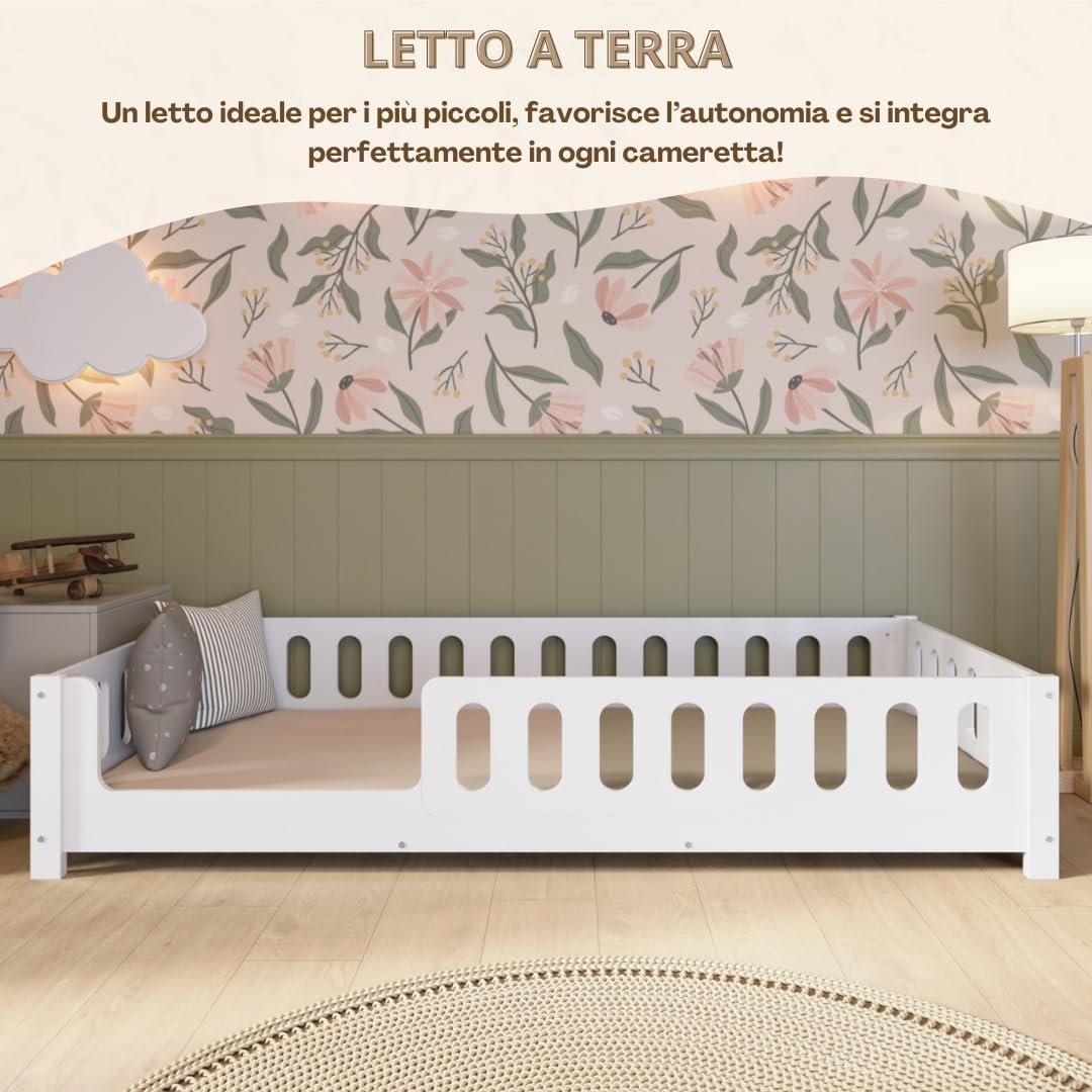 Letto per Bambini 160x80 cm – Letto Montessori a Pavimento Bianco con Barriera in MDF – Sicuro per Bambini Piccoli con Bordi Arrotondati – Ingresso a Sinistra – Crazy Ethan