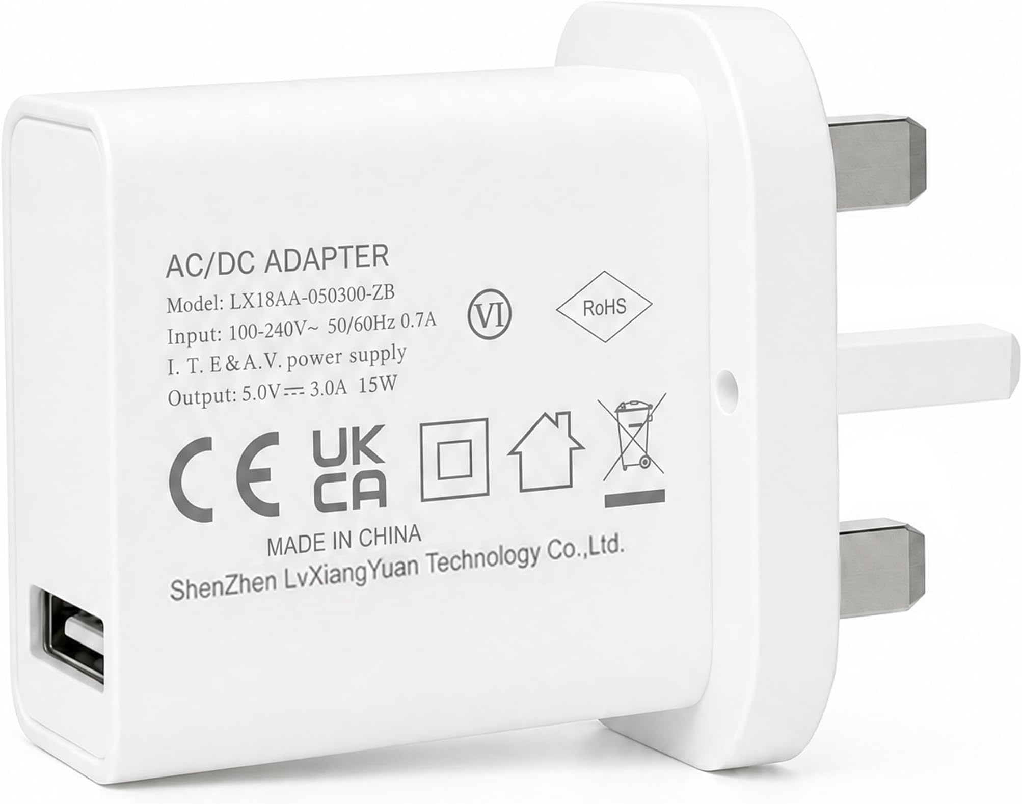 15W USB Charger UK Plug, 5V 3A White USB Plug with USB-A Port, 100-240V USB Power Adapter for Phone, Tablet, Speakers, Compact Travel USB Charger