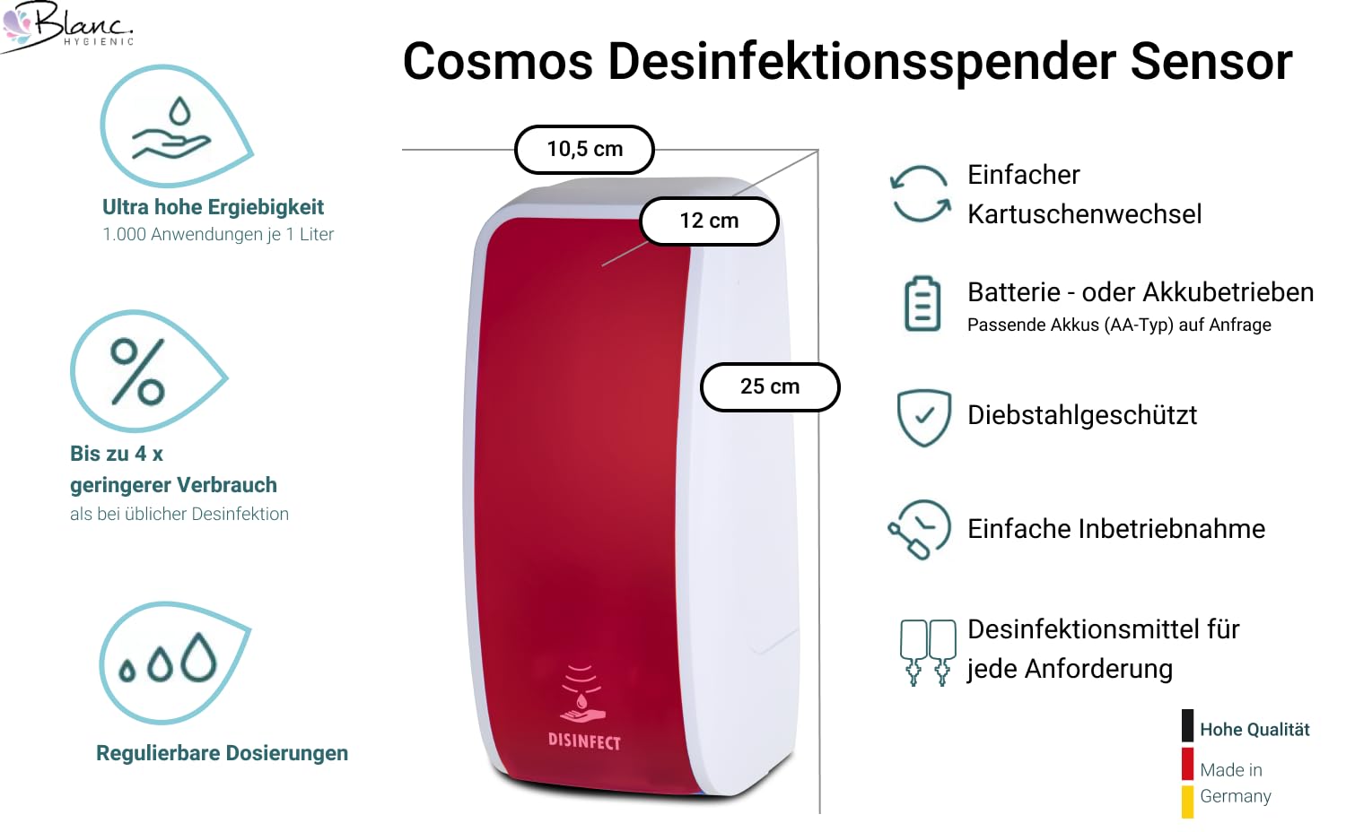 Set Cosmos Sensor Desinfektionsspender + Ständer Rot-Weiß | Berührungsloser Cosmos Desinfektionsspender mit Sensor, Tischständer und 3x1 L Händedesinfektion für 3.000 Anwendungen