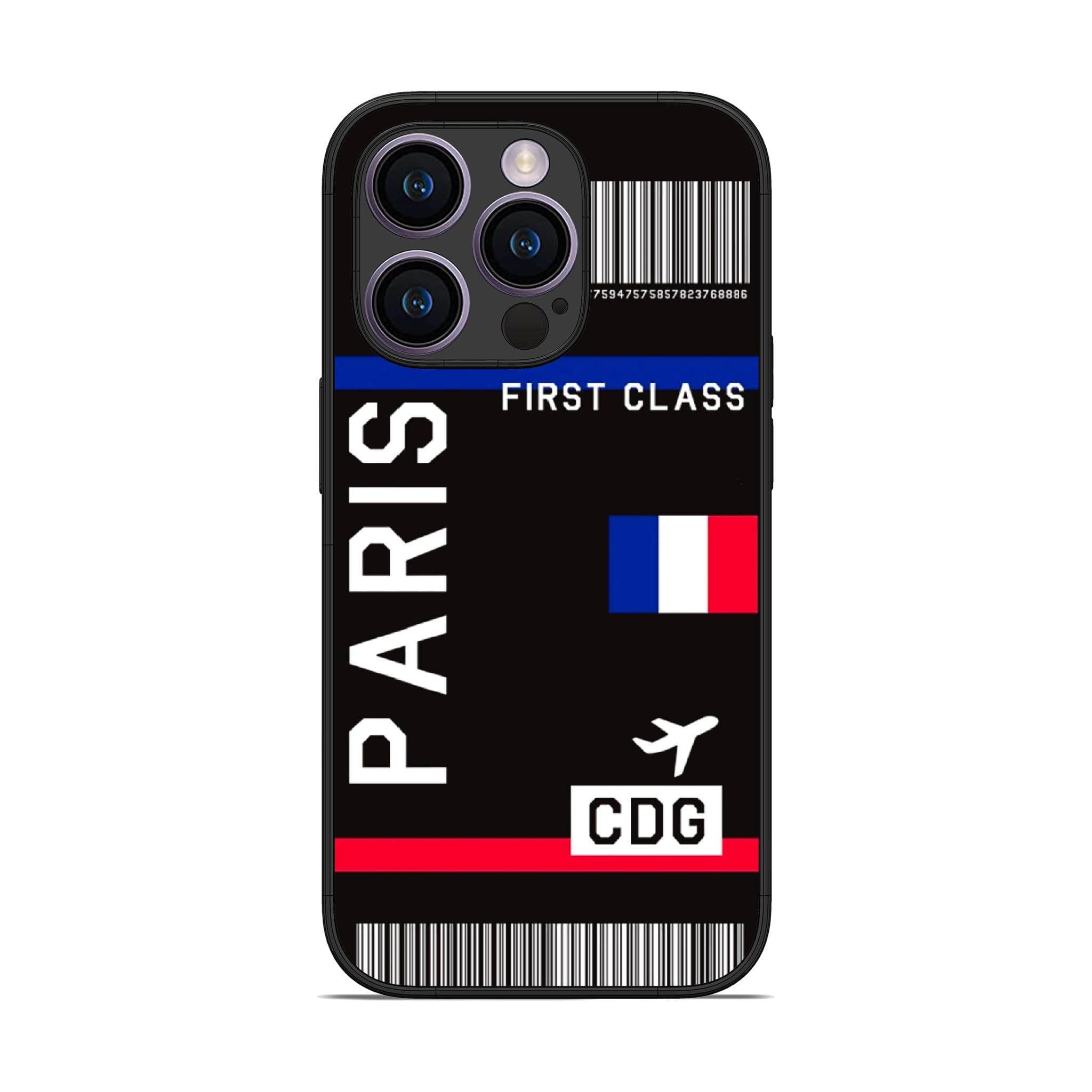 Penguin Prints Paris Boarding Pass iPhone Back Cover Rubber Case with Glass Back (iPhone 14 Pro, Black)