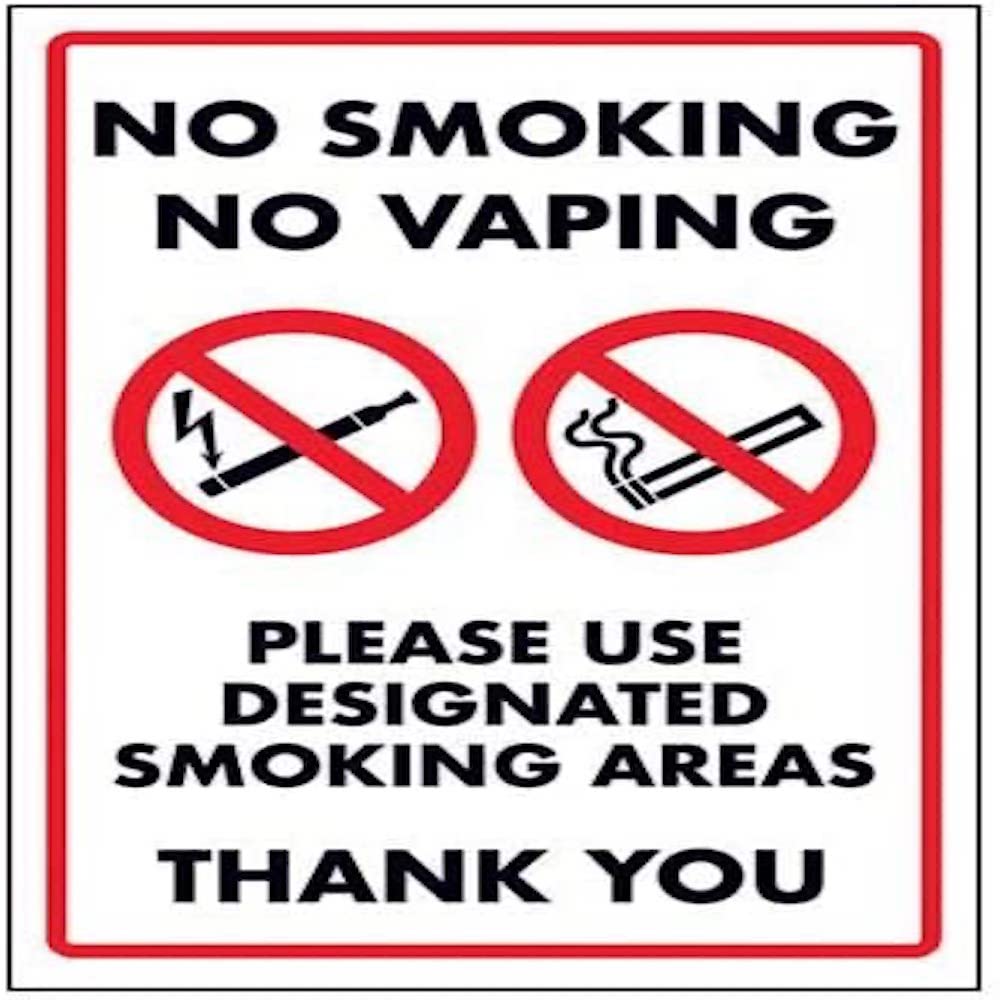 V Safety No Smoking No Vaping/Please Use Designated Smoking Area Sign - 200mm x 300mm - Rigid Plastic