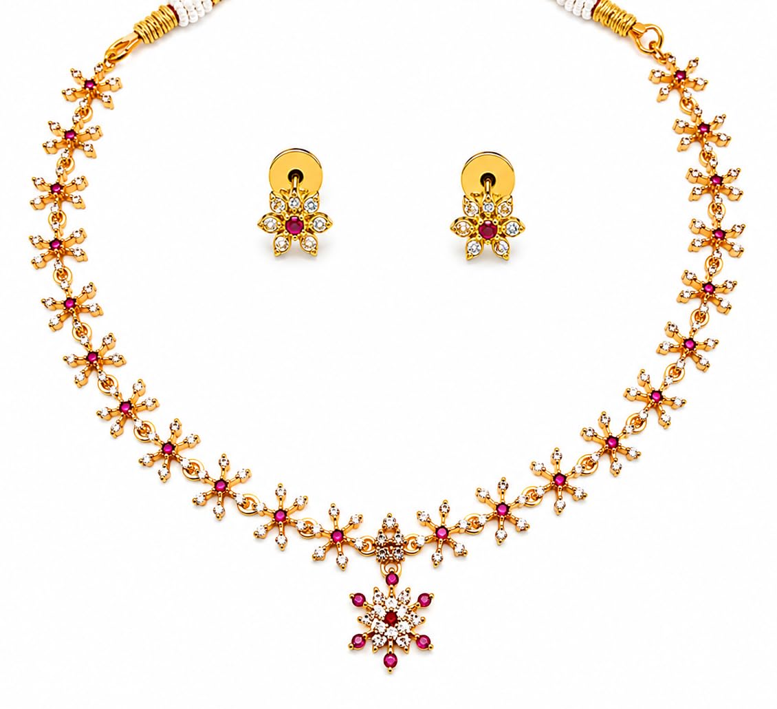 Bridal Necklace Set for Women | Premium Gold Plated Brass Jewelry Set with Cubic Zirconia & Ruby Red Stones | Floral Wedding Necklace with Matching Earrings | Traditional Party & Festive Jewelry-image-5