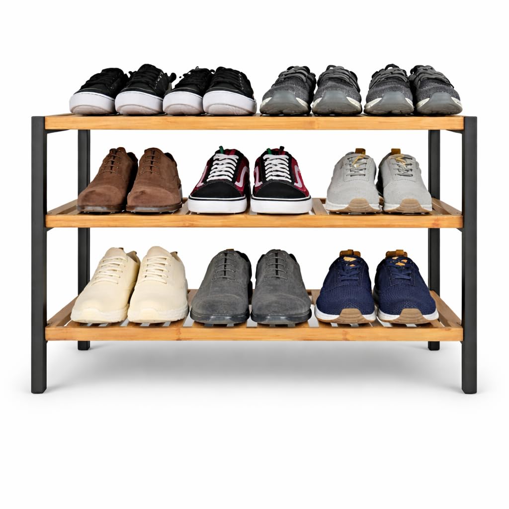 1ABOVE Bamboo Shoe Rack, Plant Rack, Perfect for Corridor, Living Room, Bathroom, Bedroom, Hallway or Small spaces-Parent. (Black & Natural, 3 Tier)