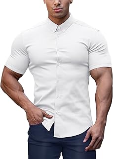 URRU Men's Muscle Dress Shirts Slim Fit Stretch Long&Short Sleeve Casual Button Down Shirt