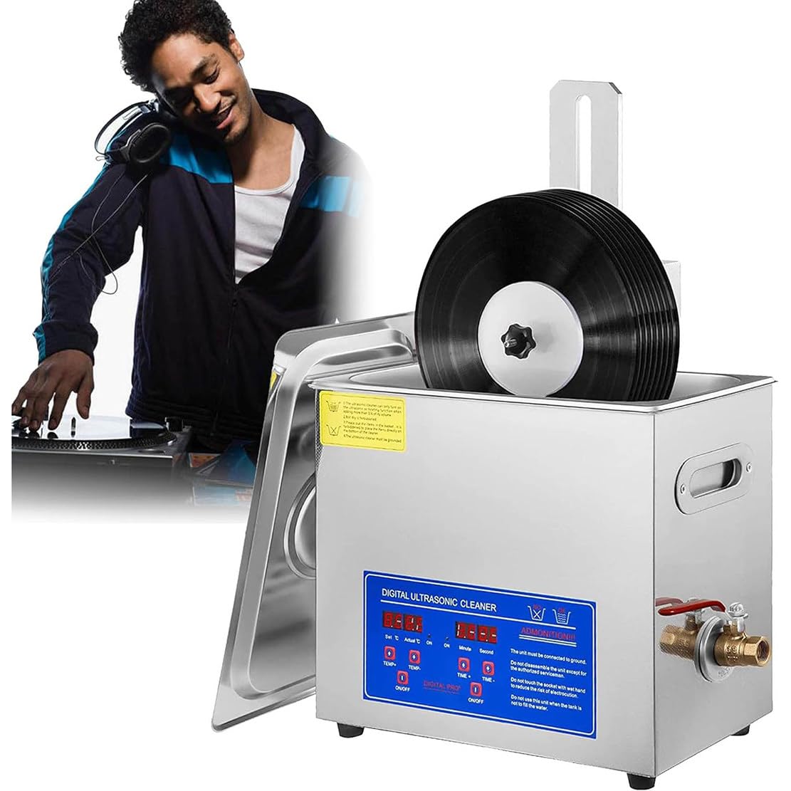 Pulitore a ultrasuoni, professionale in acciaio inox, per la pulizia di dischi in vinile con display digitale, timer e controllo del calore, per laboratorio e pulizia su entrambi i lati