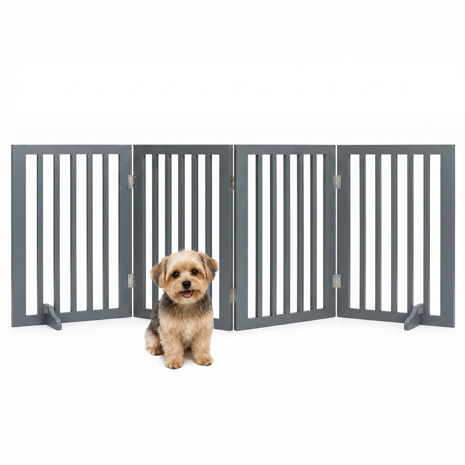 GREENSAPPIRE Wooden Stair Gate for Dogs, Freestanding Foldable Dog Gate Indoor with 2 Support Feet, 3 Panel Pet Gate & Dog Guard for Stairs, Doorways and Hallways (140 W x 60.5 H） (Grey 4-folding)