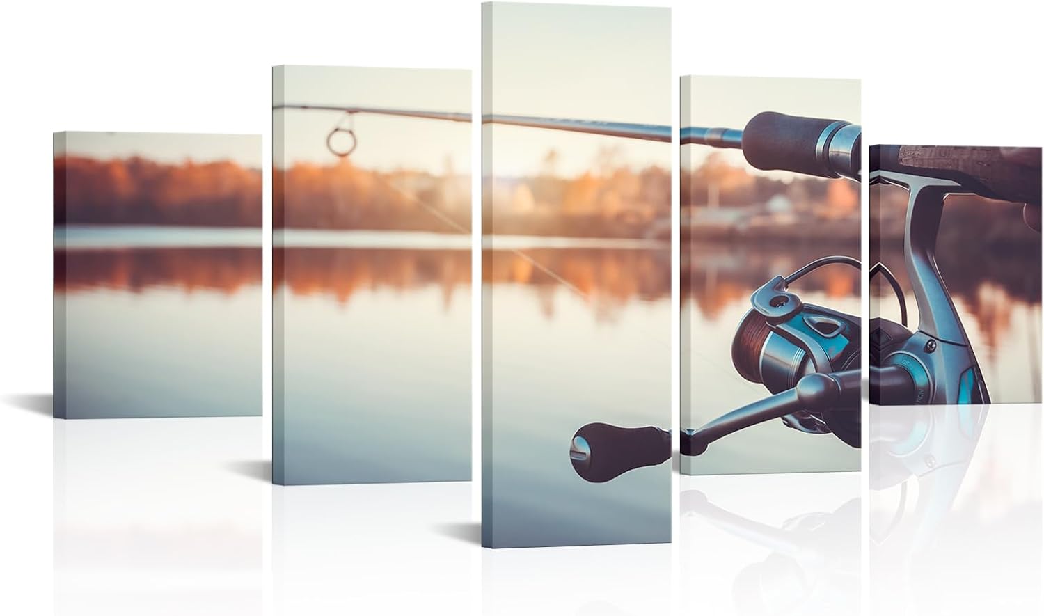 iHAPPYWALL Large 5 Pieces Fishing Rod and Reel Canvas Wall Art Fishing Tackle Sunset Lake Landscape Picture for Office Farmhouse Living Room Stretched and Framed Ready to Hang